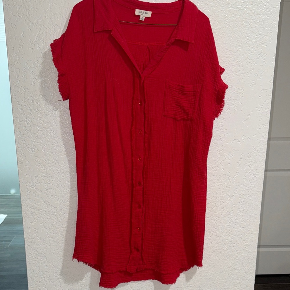 Umgee Vibrant Red Button-Down dress with frayed hem and sleeves